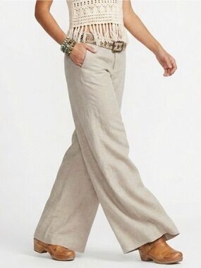 Y2K Oatmeal Linen Hip Slung Flared 12 L Trouser Vintage Inspired Pant Coastal